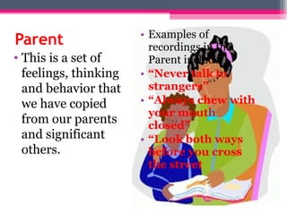 Parent
• This is a set of
feelings, thinking
and behavior that
we have copied
from our parents
and significant
others.
• Examples of
recordings in the
Parent include:
• “Never talk to
strangers”
• “Always chew with
your mouth
closed”
• “Look both ways
before you cross
the street
 