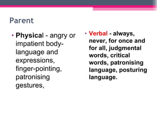 Parent
• Physical - angry or
impatient body-
language and
expressions,
finger-pointing,
patronising
gestures,
• Verbal - always,
never, for once and
for all, judgmental
words, critical
words, patronising
language, posturing
language.
 