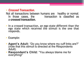 • Crossed Transaction. 
Not all transactions between humans are healthy or normal. 
In those cases, the transaction is classified as 
a crossed transaction. 
• In a crossed transaction, an ego state different than the 
ego state which received the stimuli is the one that 
responds. 
• Example: 
• Agent’s Adult: “Do you know where my cuff links are?” 
(note that this stimuli is directed at the Respondents 
Adult). 
• Respondent’s Child: “You always blame me for 
everything!” 
 