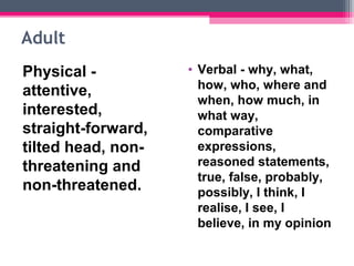 Adult 
Physical - 
attentive, 
interested, 
straight-forward, 
tilted head, non-threatening 
and 
non-threatened. 
• Verbal - why, what, 
how, who, where and 
when, how much, in 
what way, 
comparative 
expressions, 
reasoned statements, 
true, false, probably, 
possibly, I think, I 
realise, I see, I 
believe, in my opinion 
 