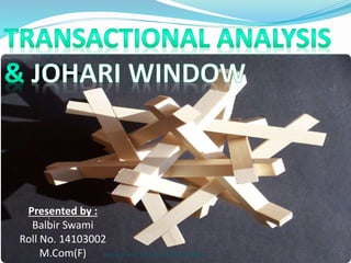 Presented by :
Balbir Swami
Roll No. 14103002
M.Com(F) Transactional Analysis & Johari Window 1
 