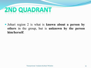  Johari region 2 is what is known about a person by
others in the group, but is unknown by the person
him/herself.
Transa...