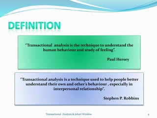 ‘’Transactional analysis is the technique to understand the
human behaviour and study of feeling”.
Paul Hersey
‘’Transacti...