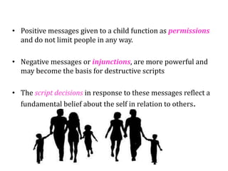 • Positive messages given to a child function as permissions
and do not limit people in any way.
• Negative messages or injunctions, are more powerful and
may become the basis for destructive scripts
• The script decisions in response to these messages reflect a
fundamental belief about the self in relation to others.
 