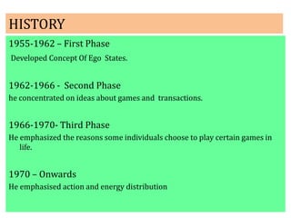 HISTORY
1955-1962 – First Phase
Developed Concept Of Ego States.
1962-1966 - Second Phase
he concentrated on ideas about games and transactions.
1966-1970- Third Phase
He emphasized the reasons some individuals choose to play certain games in
life.
1970 – Onwards
He emphasised action and energy distribution
 