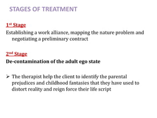 STAGES OF TREATMENT
1st Stage
Establishing a work alliance, mapping the nature problem and
negotiating a preliminary contract
2nd Stage
De-contamination of the adult ego state
 The therapist help the client to identify the parental
prejudices and childhood fantasies that they have used to
distort reality and reign force their life script
 