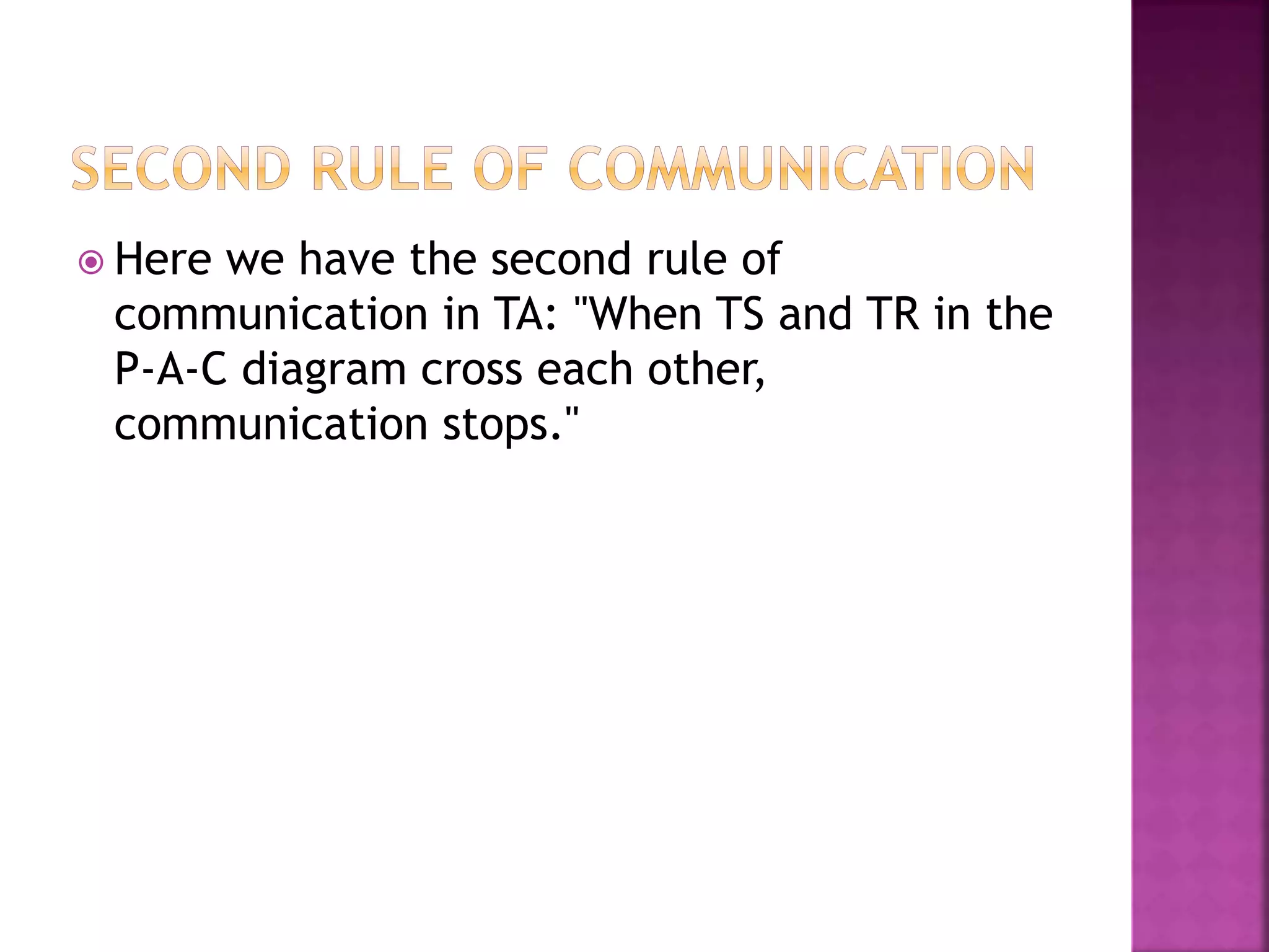 Here we have the second rule of
communication in TA: "When TS and TR in the
P-A-C diagram cross each other,
communication stops."
 
