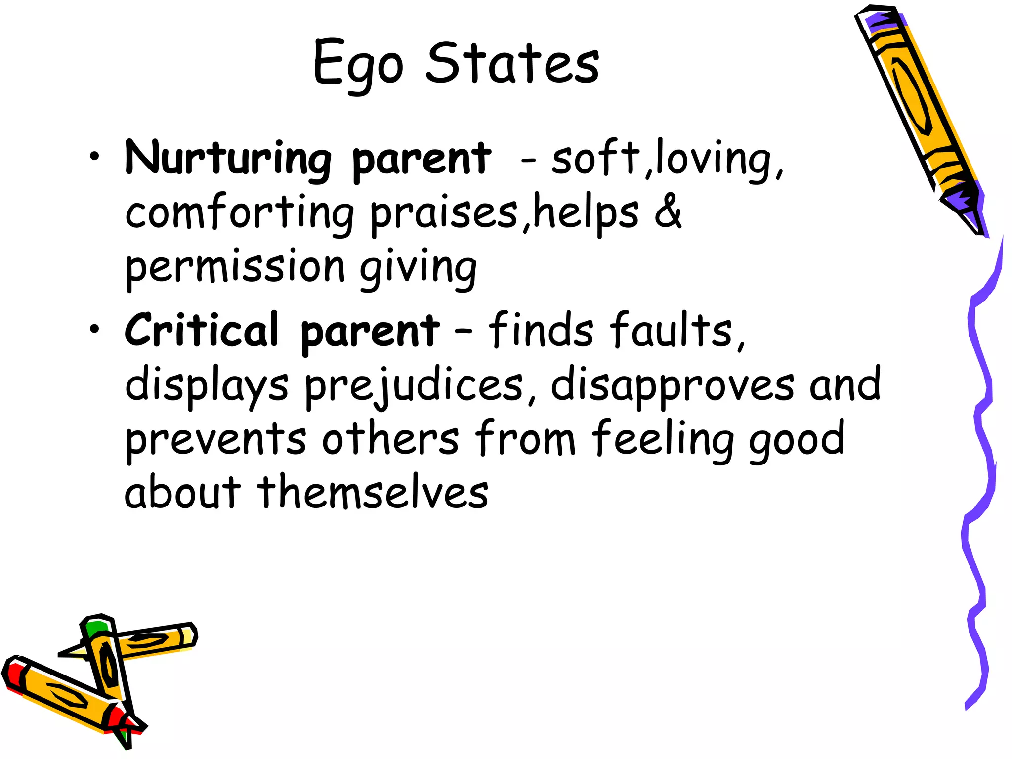 Ego States
• Nurturing parent - soft,loving,
comforting praises,helps &
permission giving
• Critical parent – finds faults,
displays prejudices, disapproves and
prevents others from feeling good
about themselves
 