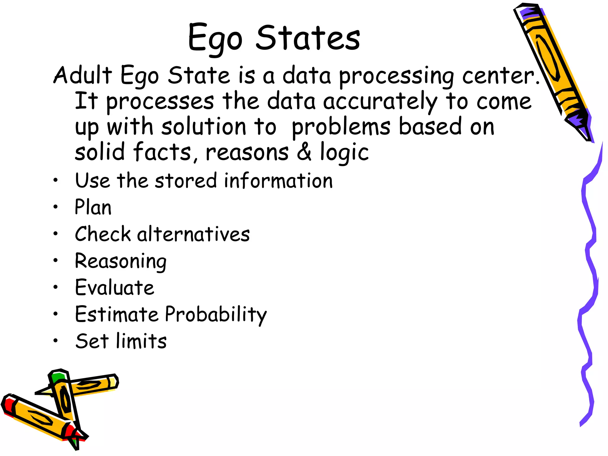 Ego States
Adult Ego State is a data processing center.
It processes the data accurately to come
up with solution to problems based on
solid facts, reasons & logic
• Use the stored information
• Plan
• Check alternatives
• Reasoning
• Evaluate
• Estimate Probability
• Set limits
 