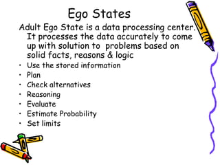 Ego States
Adult Ego State is a data processing center.
It processes the data accurately to come
up with solution to problems based on
solid facts, reasons & logic
• Use the stored information
• Plan
• Check alternatives
• Reasoning
• Evaluate
• Estimate Probability
• Set limits
 
