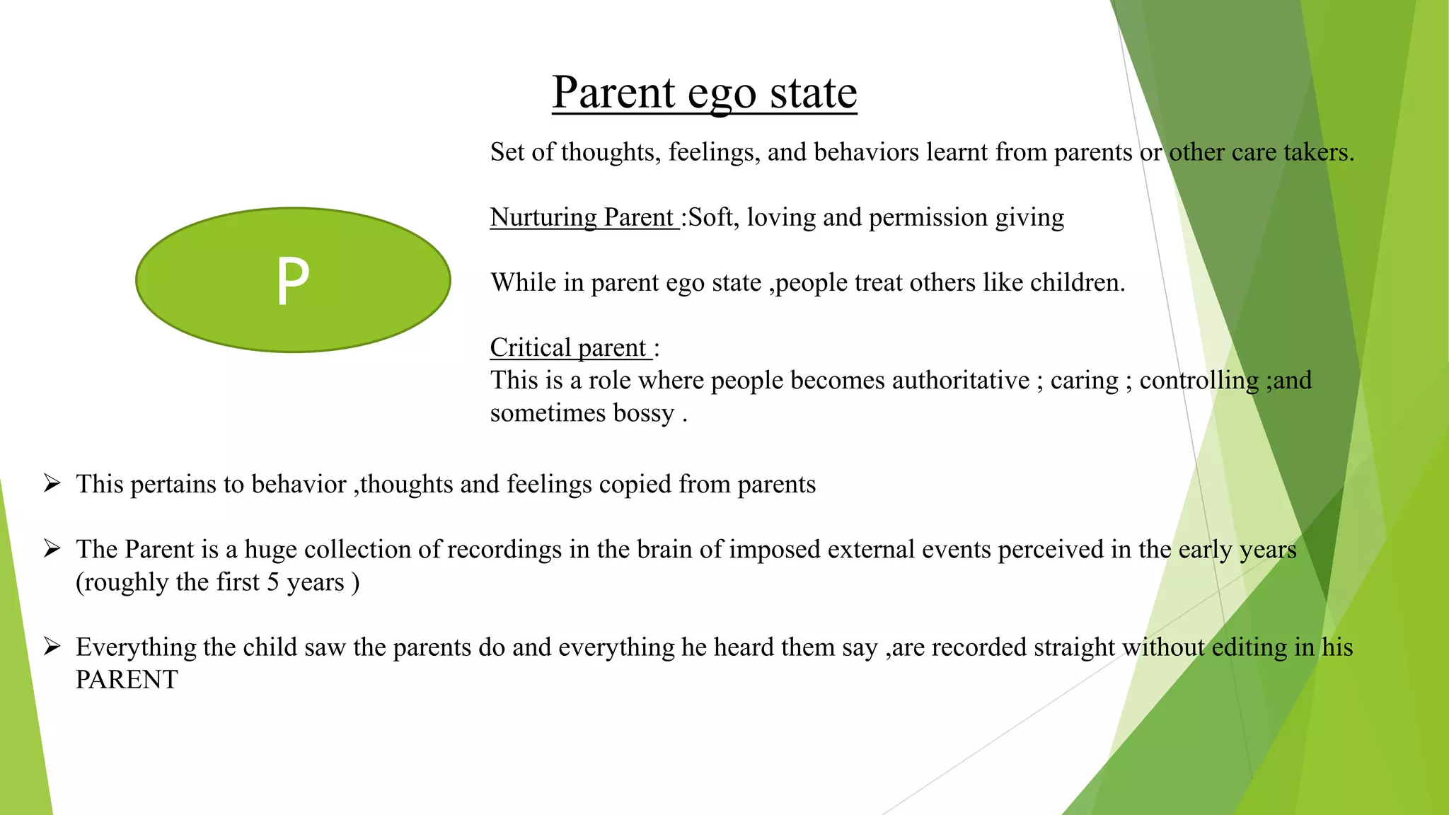 Parent ego state
P
Set of thoughts, feelings, and behaviors learnt from parents or other care takers.
Nurturing Parent :Soft, loving and permission giving
While in parent ego state ,people treat others like children.
Critical parent :
This is a role where people becomes authoritative ; caring ; controlling ;and
sometimes bossy .
 This pertains to behavior ,thoughts and feelings copied from parents
 The Parent is a huge collection of recordings in the brain of imposed external events perceived in the early years
(roughly the first 5 years )
 Everything the child saw the parents do and everything he heard them say ,are recorded straight without editing in his
PARENT
 