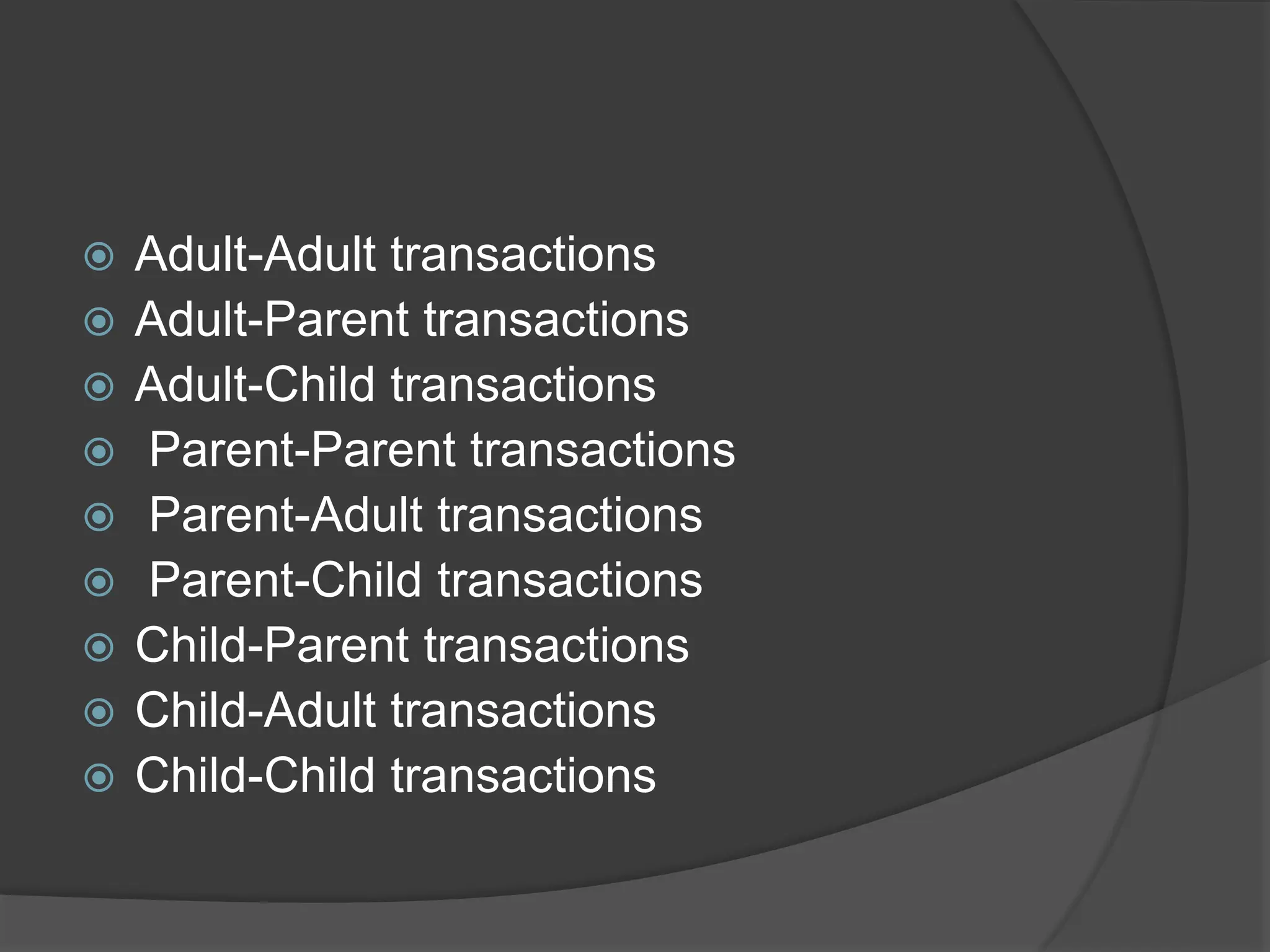  Adult-Adult transactions
 Adult-Parent transactions
 Adult-Child transactions
 Parent-Parent transactions
 Parent-Adult transactions
 Parent-Child transactions
 Child-Parent transactions
 Child-Adult transactions
 Child-Child transactions
 