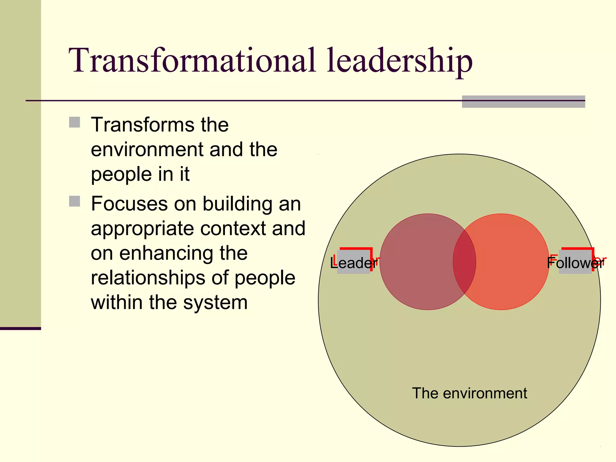 Transformational leadership
 Transforms the
  environment and the
  people in it
 Focuses on building an
  appropriate context and
  on enhancing the          Leader
                            Leader                     Follower
                                                       Follower
  relationships of people
  within the system



                                     The environment
 