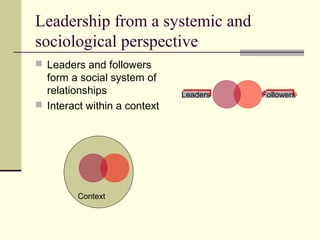 Leadership from a systemic and
sociological perspective
 Leaders and followers
  form a social system of
  relationships               Leaders
                              Leaders   Followers
                                        Followers
 Interact within a context




         Context
 
