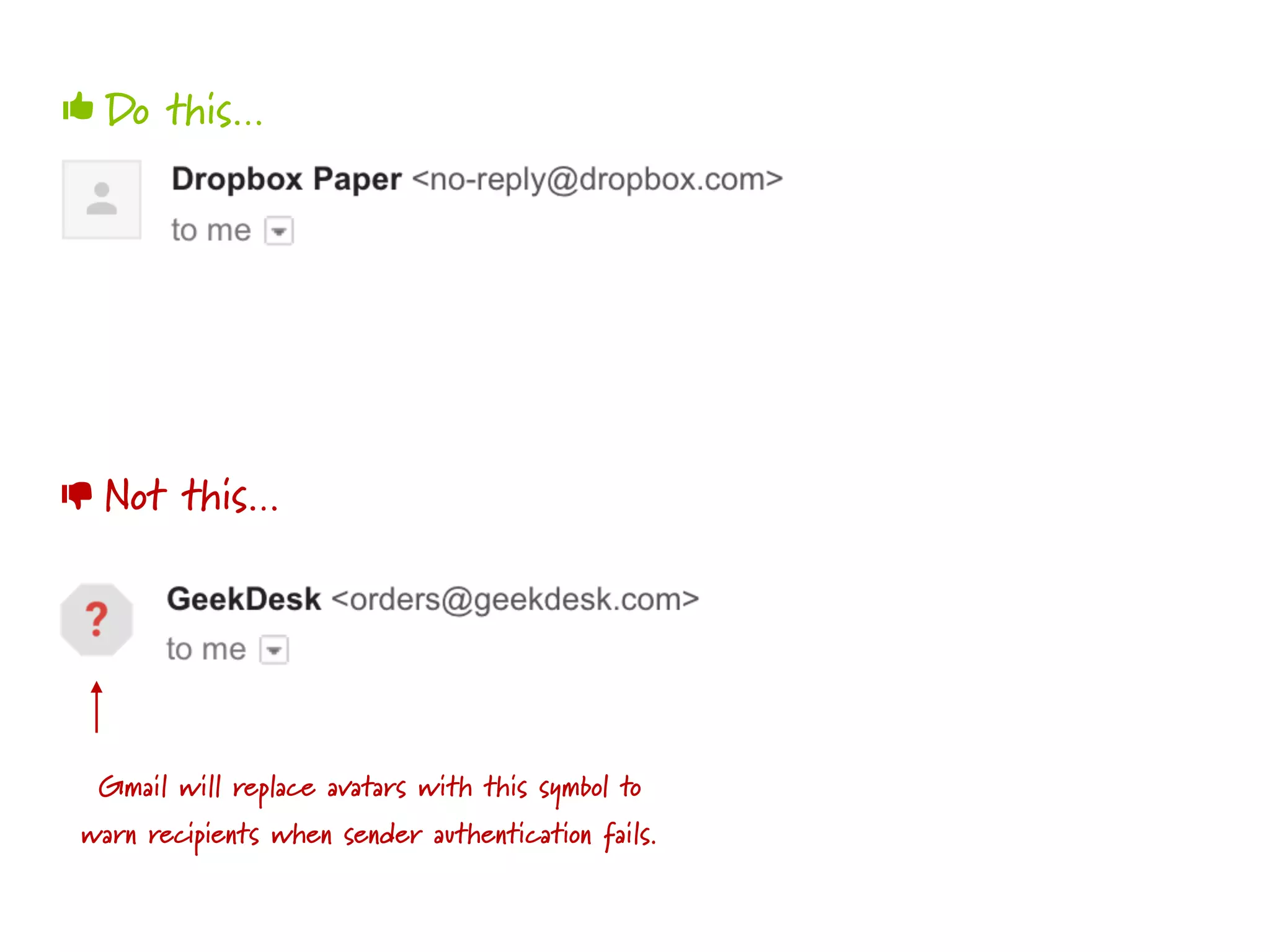 Do this…
Not this…
👍
👎
Gmail will replace avatars with this symbol to
warn recipients when sender authentication fails.
 