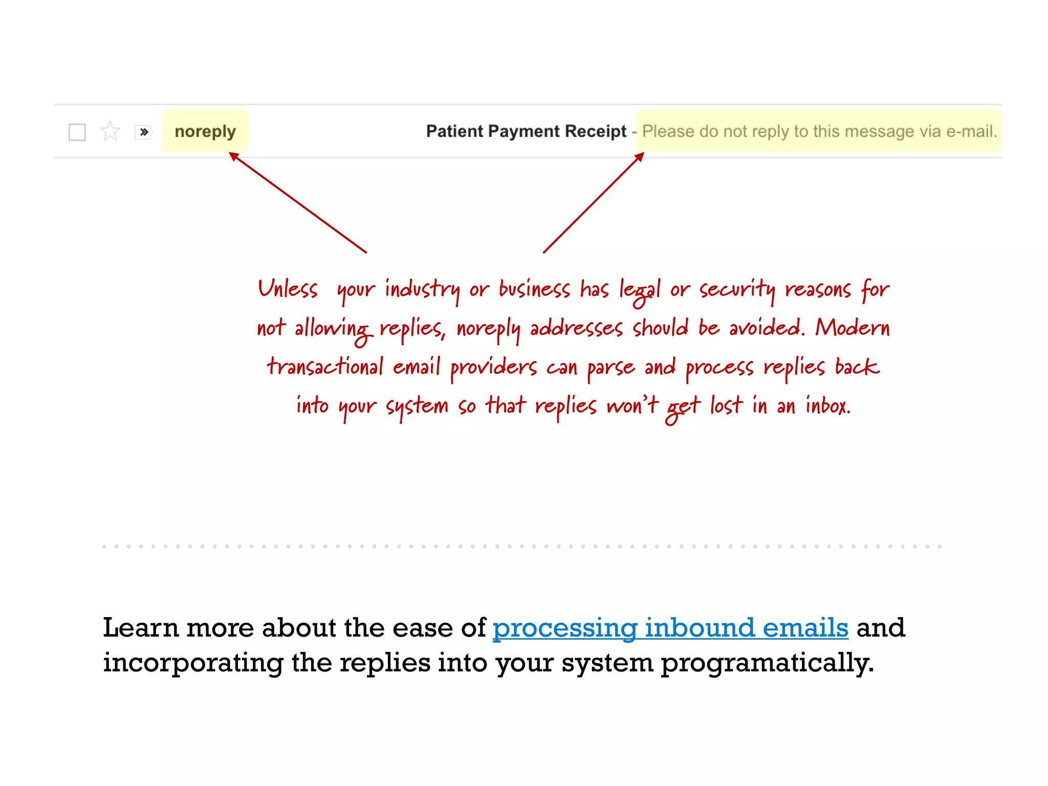 Unless your industry or business has legal or security reasons for
not allowing replies, noreply addresses should be avoided. Modern
transactional email providers can parse and process replies back
into your system so that replies won’t get lost in an inbox.
Learn more about the ease of processing inbound emails and
incorporating the replies into your system programatically.
 
