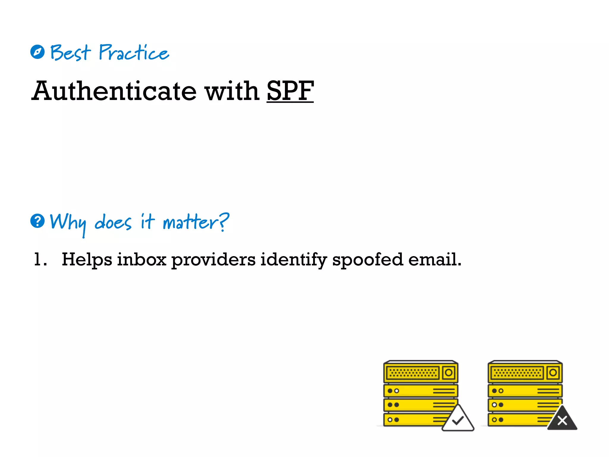 Best Practice
Why does it matter?
☼
❓
Authenticate with SPF
1. Helps inbox providers identify spoofed email.
 