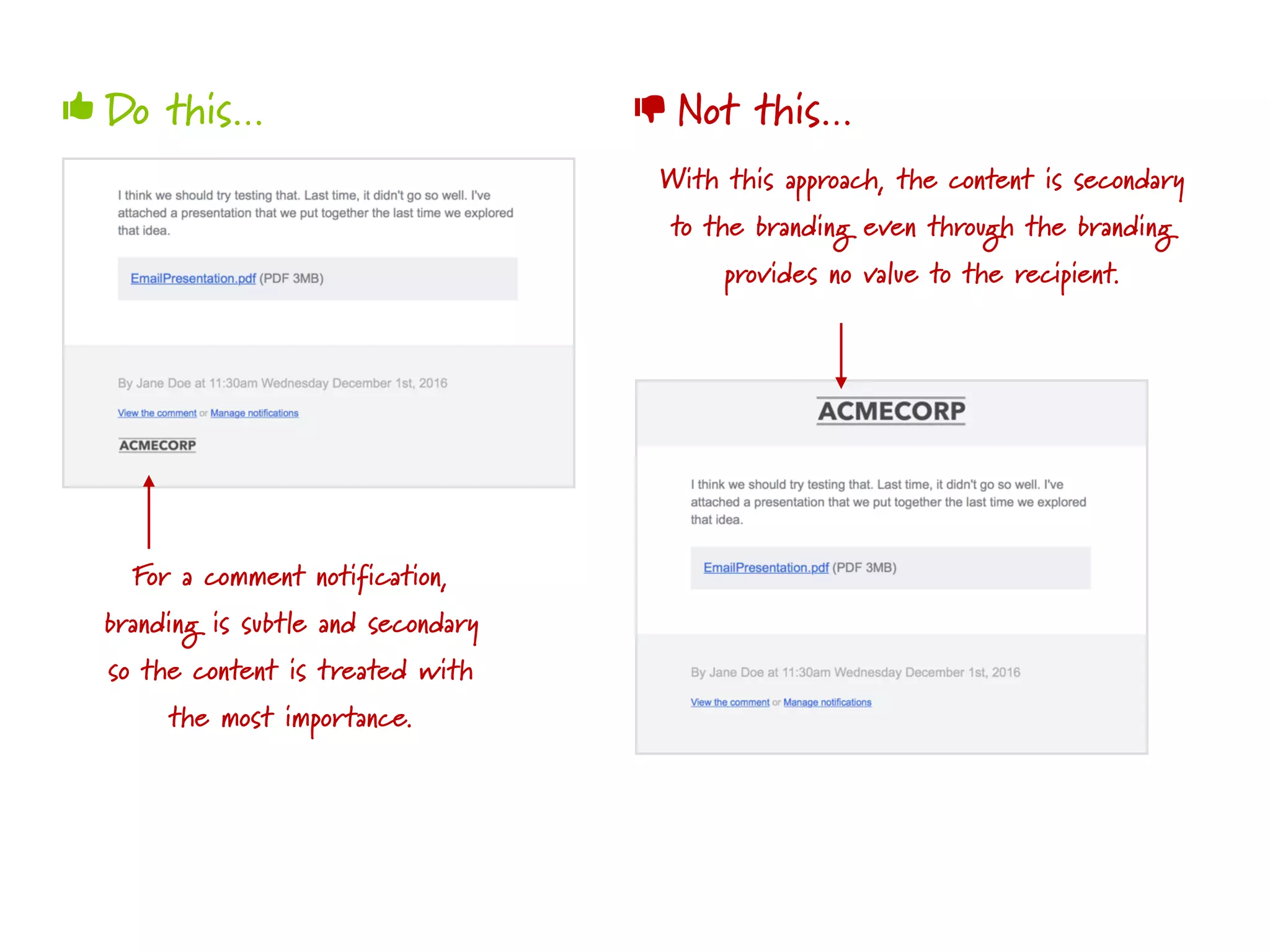 Do this… Not this…👍 👎
For a comment notification,
branding is subtle and secondary
so the content is treated with
the most importance.
With this approach, the content is secondary
to the branding even through the branding
provides no value to the recipient.
 