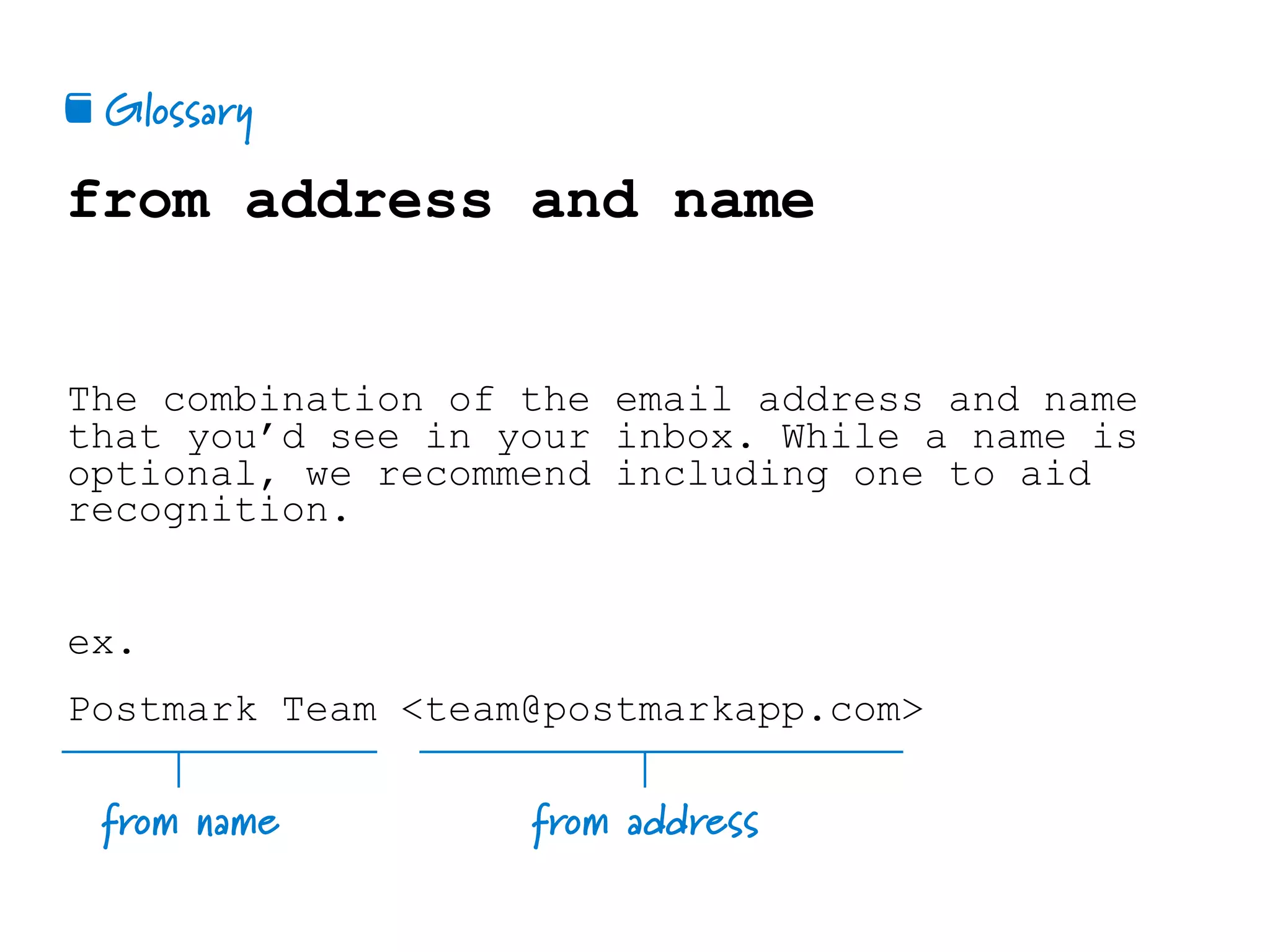 Glossary📕
from address and name
The combination of the email address and name
that you’d see in your inbox. While a name is
optional, we recommend including one to aid
recognition.
ex.
Postmark Team <team@postmarkapp.com>
from name from address
 