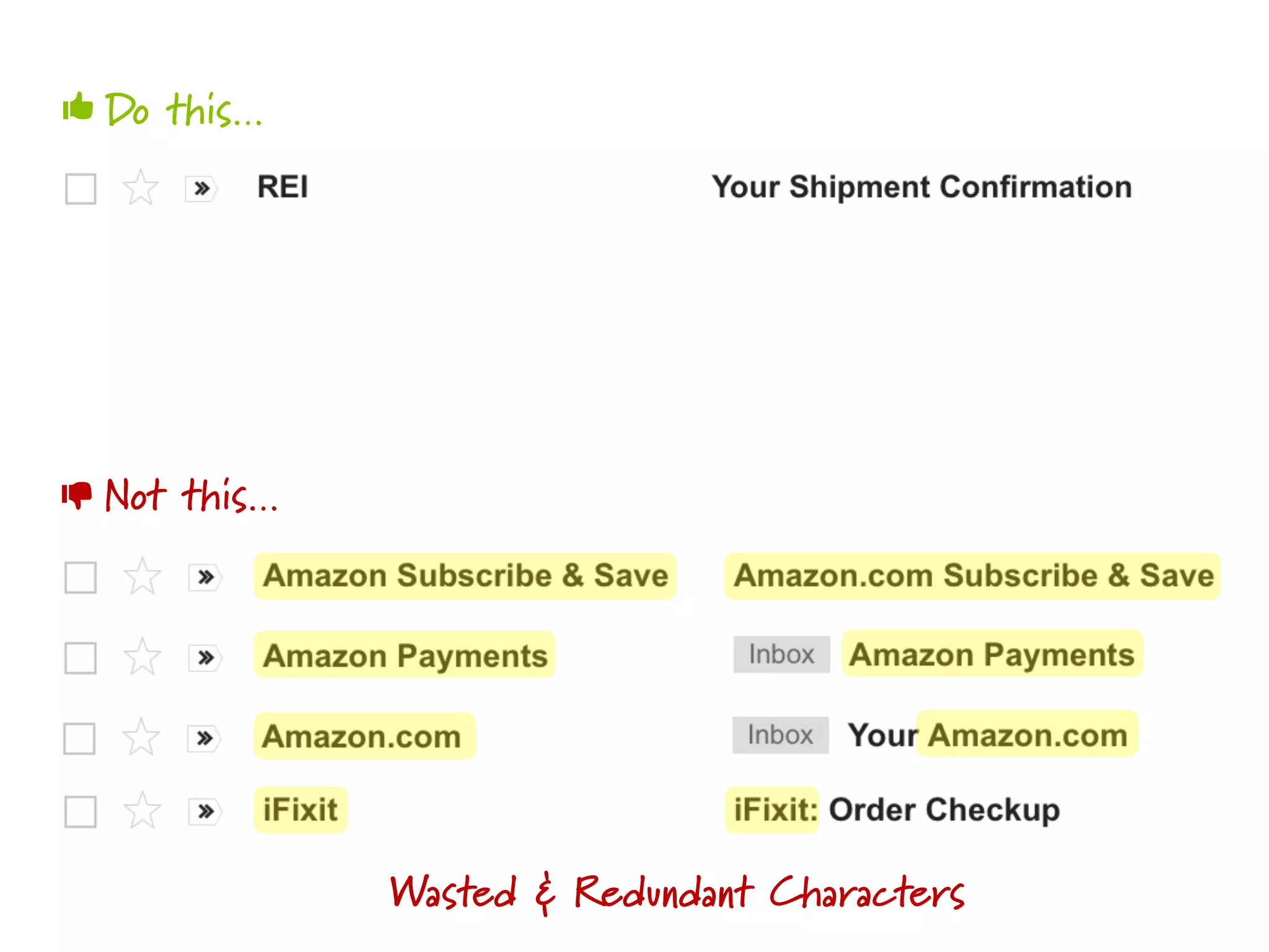 Do this…
Not this…
👍
👎
Wasted & Redundant Characters
 