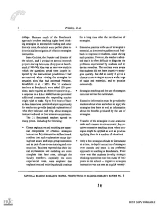 Pressley, et al.
college. Because much of the Benchmark
approach involves teaching higher level think-
ing strategies to accomplish reading and other
literacy tasks, the school was a perfect place to
do an initial investigation of effective strategies
instruction.
Irene Gaskins, the founder and director of
the school, and I worked on several research
projects during the course of my year at Bench-
mark (1989/90). One was an interview study in
which the questions posed were largely in-
spired by the instructional possibilities I had
encountered when visiting the strategies in-
struction sites that had informed Pressley,
Goodchild et al. (1989). The 31 academic
teachers at Benchmark were asked 150 ques-
tions; each required an objective answer (e.g.,
a response on a Likert scale) but also permitted
additional comments the responding teacher
might wish to make. Up to five hours of face-
to-face interviews permitted ample opportunity
for teachers to provide detailed explanations of
what they believed, and why, about strategies
instruction based on their extensive experience.
The 31 Benchmark teachers agreed on
many points, including the following:
Direct explanation and modeling are essen-
tial components of effective strategies
instruction. My observations at Benchmark
confirm that such explanations occur dur-
ing both small- and large-group instruction
and as part of one-to-one tutoring and rein-
struction. Teachers reported that their ini-
tial explanations and modeling are more
complete than later ones, although the
faculty members, especially the more
experienced ones, were emphatic that
explanations and modeling should continue
for a long time after the introduction of
strategies.
Extensive practice in the use of strategies is
essential, as is extensive guidance and feed-
back in response to students, needs during
such practice. Even so, the teachers admit-
ted that it is often difficult to diagnose the
problems experienced by students and to
devise remedies. The teachers were aware
that students did not learn cognitive strate-
gies quickly, but did so easily if given a
chance to use strategies across a wide range
of tasks and materials, and to practice
extensively.
Strategies teaching and the use of strategies
occurred across the curriculum.
Extensive information must be provided to
students about when and where to apply the
strategies they learn as well as information
about the benefits produced by the use of
strategies.
Transfer of the strategies to new academic
tasks and contents is not automatic, but re-
quires extensive teaching about when stra-
tegies might be applied as well as practice
applying them in a number of situations.
Only a few strategies should be introduced
at a time; in-depth instruction of strategies
over months and years is the preferred
approach to teaching at Benchmark. Their
view was that students develop strategic
thinking repertoires over the course of their
years in the school cognitive strategies
instruction was not seen as a quick remedy.
NATIONAL READING RESEARCH CENTER, PERSPECTIVES IN READING RESEARCH REPORT NO. 5
16
BEST COPY AVAILABLE
 