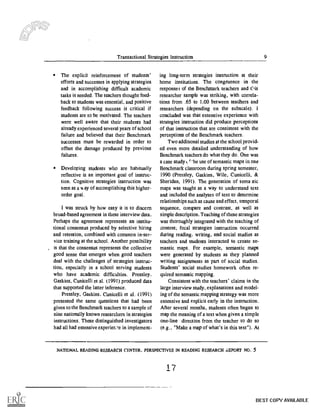 Transactional Strategies Instruction 9
The explicit reinforcement of students'
efforts and successes in applying strategies
and in accomplishing difficult academic
tasks is needed. The teachers thought feed-
back to students was essential, and positive
feedback following success is critical if
students are to be motivated. The teachers
were well aware that their students had
already experienced several years of school
failure and believed that their Benchmark
successes must be rewarded in order to
offset the damage produced by previous
failures.
Developing students who are habitually
reflective is an important goal of instruc-
tion. Cognitive strategies instruction was
seen as a way of accomplishing this higher-
order goal.
1 was struck by how easy it is to discern
broad-based agreement in these interview data.
Perhaps the agreement represents an institu-
tional consensus produced by selective hiring
and retention, combined with common in-ser-
vice training at the school. Another possibility
is that the consensus represents the collective
good sense that emerges when good teachers
deal with the challenges of strategies instruc-
tion, especially in a school serving students
who have academic difficulties. Pressley,
Gaskins, Cunicelli et al. 0991) produced data
that supported the latter inference.
Pressley, Gaskins, Cunicelli et al. (1991)
presented the same questions that had been
given to the Benchmark teachers to a sample of
nine nationally known researchers in strategies
instructions. These distinguished investigators
had all had extensive experier.-,e in implement-
ing long-term strategies instruction at their
home institutions. The congruence in the
responses of the Benchmark teachers and Cis
researcher sample was striking, with correla-
tions from .65 to 1.00 between teachers and
researchers (depending on the subscale). I
concluded was that extensive experience with
strategies instruction did produce perceptions
of that instruction that are consistent with the
perceptions of the Benchmark teachers.
Two additional studies at the school provid-
ed even more detailed understanding of how
Benchmark teachers do what they do. One was
a case study the use of semantic maps in one
Benchmark classroom during spring semester,
1990 (Pressley, Gaskins, Wile, Cunicelli, &
Sheridan, 1991). The generation of semattic
maps was taught as a way to understand text
and included the analyses of text to determine
relationships such as cause and effect, temporal
sequence, compare and contrast, as well as
simple description. Teaching of these strategies
was thoroughly integrated with the teaching of
content; focal strategies instruction occurred
during reading, writing, and social studies as
teachers and students interacted to create se-
mantic maps. For example, semantic maps
were generated by students as they planned
writing assignments as part of social studies.
Students' social studies homework often re-
quired semantic mapping.
Consistent with the teachers' claims in the
large interview study, explanations and model-
ing of the semantic mapping strategy was more
extensive and explicit early in the instruction.
After several months, students often began to
map the meaning of a text when given a simple
one-line direction from the teacher to do so
(e.g., "Make a map of what's in this text"). At
NATIONAL READING RESEARCH CENTER. PERSPECTIVES IN READING RESEARCH £EPORT NO. 5
17
BEST COPY AVAILABLE
 