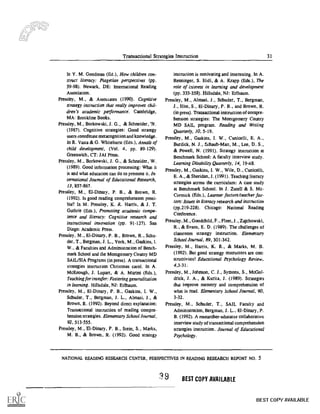 Transactional Strategies Instruction 31
In Y. M. Goodman (Ed.), Now children con-
struct literacy: Piagetian perspectives (pp.
59-98). Newark, DE: International Reading
Association.
Pressley, M., & Associates (1990). Cognitive
strategy instruction that really improves chil-
dren's academic performance. Cambridge,
MA: Brookline Books.
Pressley, M., Borkowski, J. G., & Schneider, N.
(1987). Cognitive strategies: Good strategy
users coordinate metacognit ion and knowledge.
In R. Vasta & G. Whitehurst (Eds.), Annals of
child development, (Vol. 4, pp. 89-129).
Greenwich, CT: JA! Press.
Pressley, M., Borkowski, J. G., & Schneider, W.
(1989). Good information processing: What it
is and what education can do to promote it. In-
ternational Journal of Educational Research,
13, 857-867.
Pressley, M., EI-Dinary, P. B., & Brown, R.
(1992). Is good reading comprehension possi-
ble? In M. Pressley, K. R. Harris, & J. T.
Guthrie (Eds.), Promoting academic compe-
tence and literacy: Cognitive research and
instructional innovation (pp. 91-127). San
Diego: Academic Press.
Pressley, M., El-Dinary, P. B., Brown, R.. Schu-
der, T., Bergman, J. L., York, M., Gaskins, I.
W., & Faculties and Administration of Bench-
mark School and the Montgomery County MD
SAIL/SIA Programs (in press). A transactional
strategies instruction Christmas carol. In A.
Mc Keough, J. Lupart, & A. Marini (Eds.),
Teaching for transfer: Fostering generalization
in learning. Hillsdale, NJ: Erlbaum.
Pressley, M., EI-Dinary, P. B., Gaskins, I. W.,
Schuder, T., Bergman, J. L., Almasi, J., &
Brown, R. (1992). Beyond direct explanation:
Transactional instruction of reading compre-
hension strategies. Elementary School Journal,
92, 513-555.
Pressley, M., EI-Dinary, P. B., Stein, S.. Marks,
M. B., & Brown. R. (1992). Good strategy
instruction is motivating and interesting. In A.
Benninger, S. Hidi, & A. Krapp (Eds.), The
role of interest in learning and development
(pp. 333-358). Hillsdale, NJ: Erlbaum.
Pressley, M., Almasi, J., Schuder, T., Bergman,
J., Hite, S., EI-Dinary, P. B., and Brown, R.
(in press). Transactional instruction of compre-
hension strategies: The Montgomery County
MD SAIL program. Reading and Writing
Quarterly, 10, 5-19.
Pressley, M., Gaskins, I. W., Cunicelli, E. A.,
Burdick, N. J., Schaub-Matt, M., Lee, D. S.,
& Powell, N. (1991). Strategy instruction at
Benchmark School: A faculty interview study.
Learning Disability Quarterly, 14, 19-48.
Pressley, M., Gaskins, I. W., Wile, D., Cunicelli,
E. A., & Sheridan, J. (1991). Teaching literacy
strategies across the curriculum: A case study
at Benchmark School. In J. Zutell & S. Mc-
Cormick (Eds.), Learner factors/teacher fac-
tors: Issues in literacy research and instruction
(pp.2I 9-228). Chicago: National Reading
Conference.
Pressley, M., Goodchild, F., Fleet, J., Zajchowski,
R., & Evans, E. D. (1989). The challenges of
classroom strategy instruction. Elementary
School Journal, 89, 301-342.
Pressley, M., Harris, K. R., & Marks, M. B.
(1992). But good strategy instructors are con-
structivists! Educational Psychology Review,
4,3-31.
Pressley, M., Johnson, C. J., Symons, S., McGol-
drick, J. A., & Kurita, J. (1989). Strategies
that improve memory and comprehension of
what is read. Elementary School Journal, 90,
3-32.
Pressley, M., Schuder, T.. SAIL Faculty and
Administration. Bergman, J. L., El-Dinary, P.
B. (1992). A researcher-educator collaborative
interview study of transactional comprehension
strategies instruction. Journal of Educational
Psychology.
NATIONAL READING RESEARCH CENTER, PERSPECTIVES IN READING RESEARCH REPORT NO 5
3 9 BEST COPY AVAILABLE
BEST COPY AVAILABLE
 