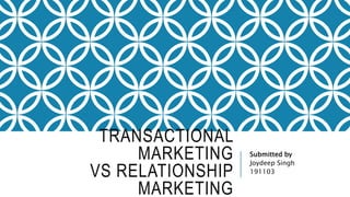 TRANSACTIONAL
MARKETING
VS RELATIONSHIP
MARKETING
Submitted by
Joydeep Singh
191103
 