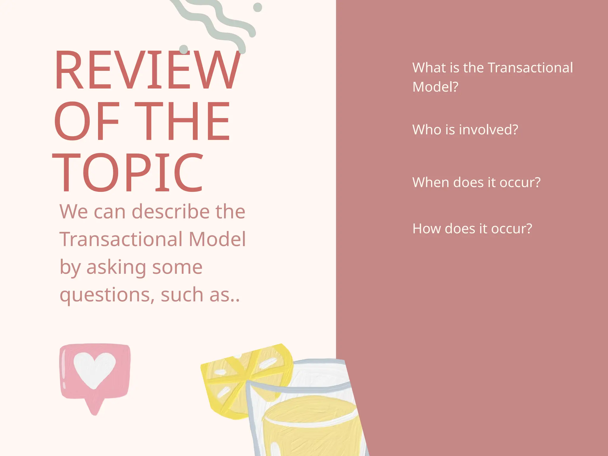 REVIEW
OF THE
TOPIC
How does it occur?
We can describe the
Transactional Model
by asking some
questions, such as..
When does it occur?
What is the Transactional
Model?
Who is involved?
 
