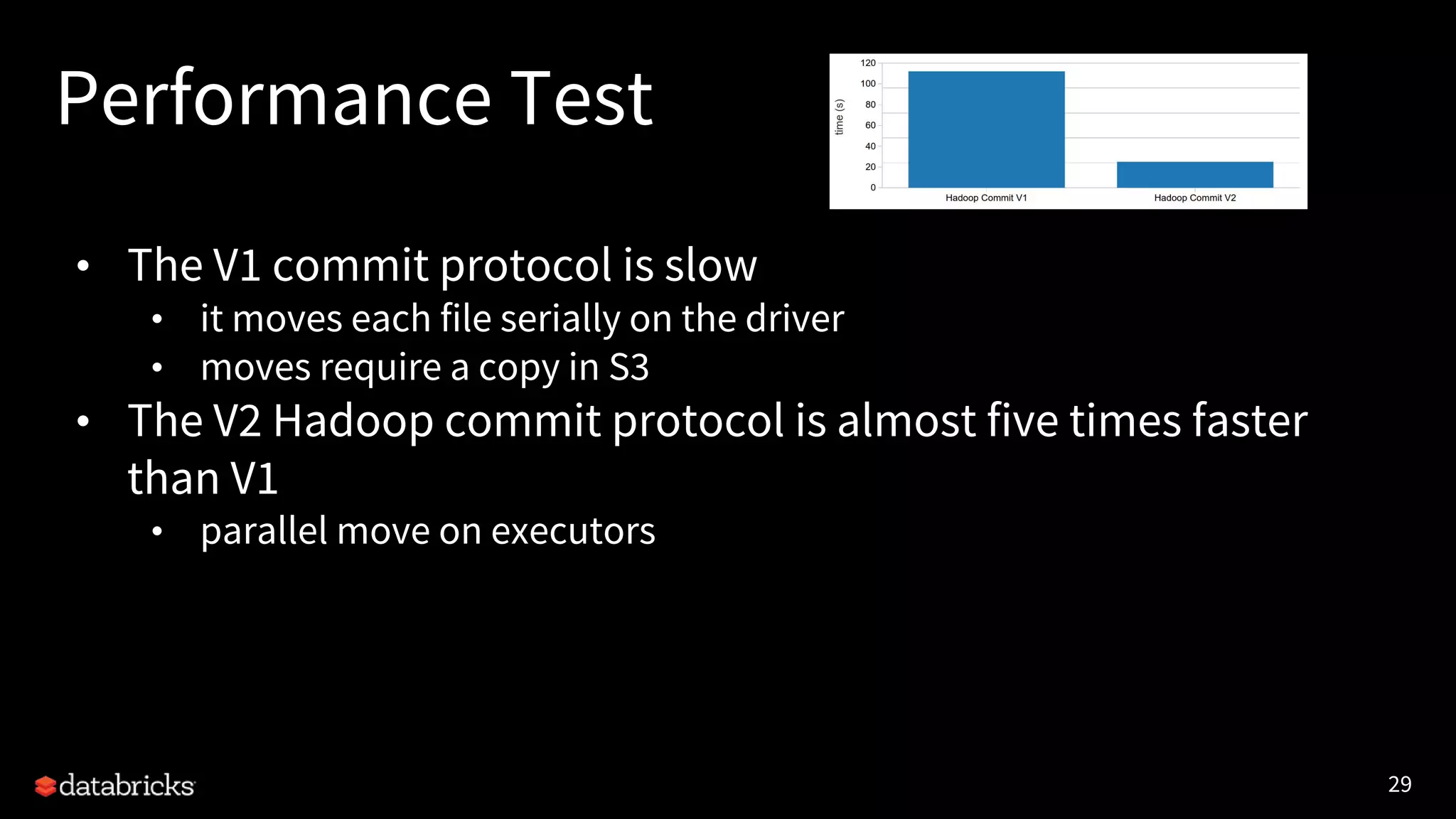 29
Performance Test
• The V1 commit protocol is slow
• it moves each file serially on the driver
• moves require a copy in S3
• The V2 Hadoop commit protocol is almost five times faster
than V1
• parallel move on executors
 