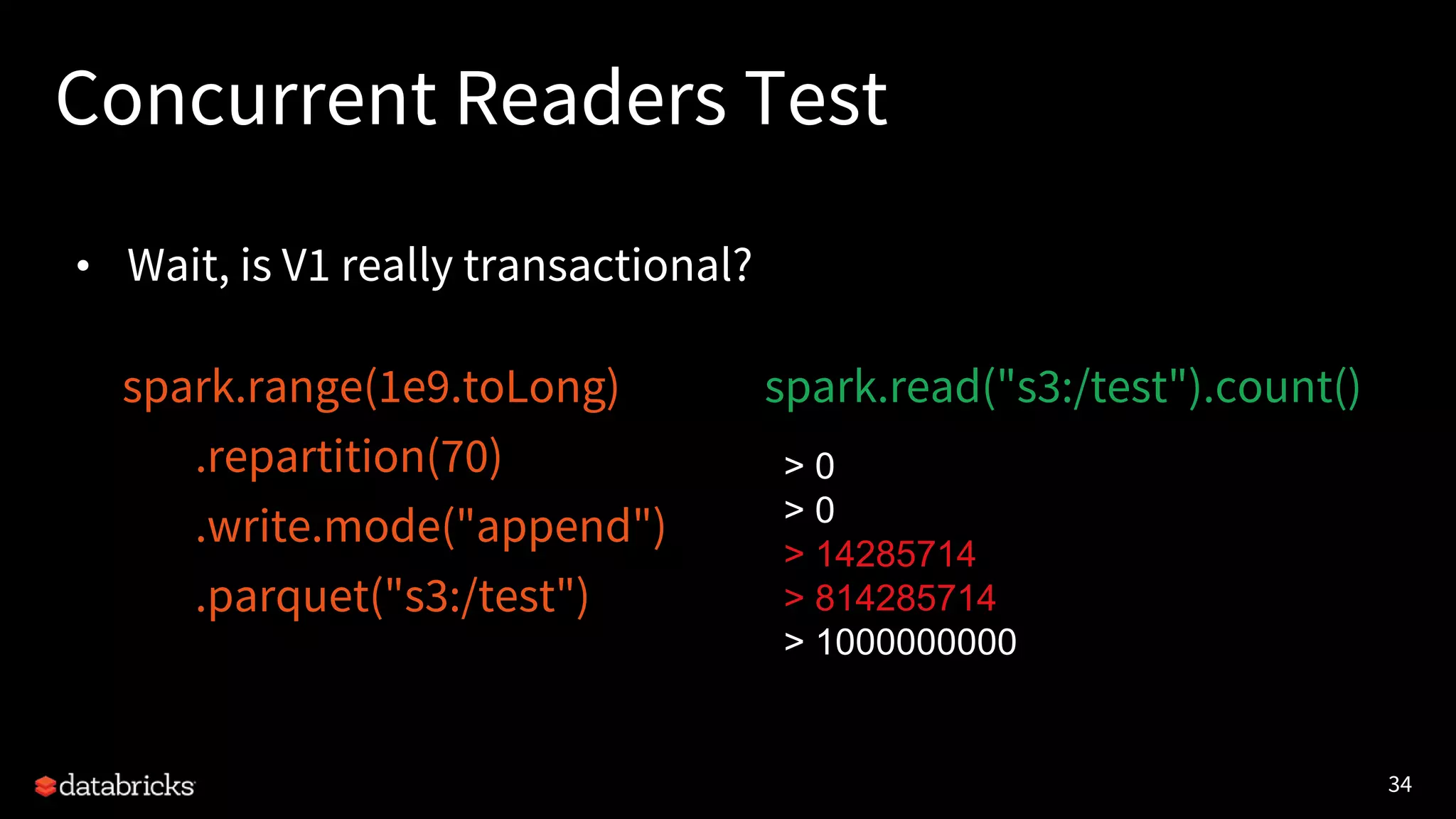 34
Concurrent Readers Test
• Wait, is V1 really transactional?
spark.range(1e9.toLong)
.repartition(70)
.write.mode("append")
.parquet("s3:/test")
spark.read("s3:/test").count()
> 0
> 0
> 14285714
> 814285714
> 1000000000
 