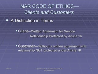 5/4/2015 Copyright (c) 2011 Lou Tulga CCIM CRB All
Rights Reserved
134
NAR CODE OF ETHICS—
Clients and Customers
 A Distinction in Terms
Client—Written Agreement for Service
Relationship Protected by Article 16
Customer—Without a written agreement with
relationship NOT protected under Article 16
 