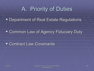 5/4/2015 Copyright (c) 2011 Lou Tulga CCIM CRB All
Rights Reserved
158
A. Priority of Duties
 Department of Real Estate Regulations
 Common Law of Agency Fiduciary Duty
 Contract Law Covenants
 