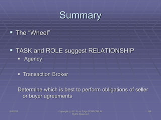 5/4/2015 Copyright (c) 2011 Lou Tulga CCIM CRB All
Rights Reserved
168
Summary
 The “Wheel”
 TASK and ROLE suggest RELATIONSHIP
 Agency
 Transaction Broker
Determine which is best to perform obligations of seller
or buyer agreements
 