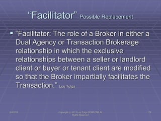 5/4/2015 Copyright (c) 2011 Lou Tulga CCIM CRB All
Rights Reserved
179
“Facilitator” Possible Replacement
 “Facilitator: The role of a Broker in either a
Dual Agency or Transaction Brokerage
relationship in which the exclusive
relationships between a seller or landlord
client or buyer or tenant client are modified
so that the Broker impartially facilitates the
Transaction.” Lou Tulga
 