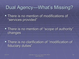 5/4/2015 Copyright (c) 2011 Lou Tulga CCIM CRB All
Rights Reserved
184
Dual Agency—What’s Missing?
 There is no mention of modifications of
“services provided”
 There is no mention of “scope of authority”
changes
 There is no clarification of “modification of
fiduciary duties”
 