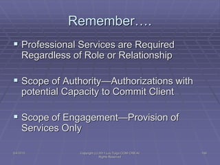 5/4/2015 Copyright (c) 2011 Lou Tulga CCIM CRB All
Rights Reserved
199
Remember….
 Professional Services are Required
Regardless of Role or Relationship
 Scope of Authority—Authorizations with
potential Capacity to Commit Client
 Scope of Engagement—Provision of
Services Only
 
