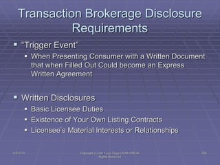 5/4/2015 Copyright (c) 2011 Lou Tulga CCIM CRB All
Rights Reserved
243
Transaction Brokerage Disclosure
Requirements
 “Trigger Event”
 When Presenting Consumer with a Written Document
that when Filled Out Could become an Express
Written Agreement
 Written Disclosures
 Basic Licensee Duties
 Existence of Your Own Listing Contracts
 Licensee’s Material Interests or Relationships
 