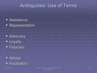 5/4/2015 Copyright (c) 2011 Lou Tulga CCIM CRB All
Rights Reserved
253
Ambiguities: Use of Terms
 Assistance
 Representation
 Advocacy
 Loyalty
 Fiduciary
 Advise
 Facilitation
 