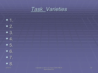 Task Varieties
 1.
 2.
 3.
 4.
 5.
 6.
 7.
 8.
5/4/2015 Copyright (c) 2011 Lou Tulga CCIM CRB All
Rights Reserved
83
 