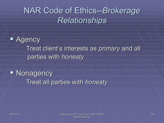 5/4/2015 Copyright (c) 2011 Lou Tulga CCIM CRB All
Rights Reserved
135
NAR Code of Ethics--Brokerage
Relationships
 Agenc...