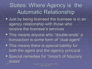 States: Where Agency is the
Automatic Relationship
 Just by being licensed the licensee is in an
agency relationship with...
