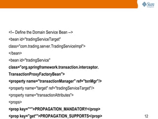 12
<!-- Define the Domain Service Bean -->
<bean id="tradingServiceTarget"
class="com.trading.server.TradingServiceImpl">
</bean>
<bean id="tradingService"
class="org.springframework.transaction.interceptor.
TransactionProxyFactoryBean">
<property name="transactionManager" ref="txnMgr"/>
<property name="target" ref="tradingServiceTarget"/>
<property name="transactionAttributes">
<props>
<prop key="*">PROPAGATION_MANDATORY</prop>
<prop key="get*">PROPAGATION_SUPPORTS</prop>
 