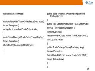 13
public class ClientModel
{
public void updateTradeOrder(TradeData trade)
throws Exception {
tradingService.updateTradeOrder(trade);
}
public TradeData getTradeOrder(TradeKey key)
throws Exception {
return tradingService.getTrade(key);
}
}
public class TradingServiceImpl implements
TradingService
{
public void updateTradeOrder(TradeData trade)
throws TradeUpdateException {
validateUpdate();
TradeOrderDAO dao = new TradeOrderDAO();
dao.update(trade);
}
public TradeData getTrade(TradeKey key)
throws Exception {
TradeOrderDAO dao = new TradeOrderDAO();
return dao.get(key);
}
}
 