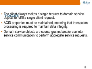 19
Forces• The client always makes a single request to domain service
objects to fulfill a single client request.
• ACID properties must be maintained, meaning that transaction
processing is required to maintain data integrity.
• Domain service objects are course-grained and/or use inter-
service communication to perform aggregate service requests.
 
