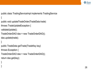 28
public class TradingServiceImpl implements TradingService
{
public void updateTradeOrder(TradeData trade)
throws TradeUpdateException {
validateUpdate();
TradeOrderDAO dao = new TradeOrderDAO();
dao.update(trade);
}
public TradeData getTrade(TradeKey key)
throws Exception {
TradeOrderDAO dao = new TradeOrderDAO();
return dao.get(key);
}
}
 