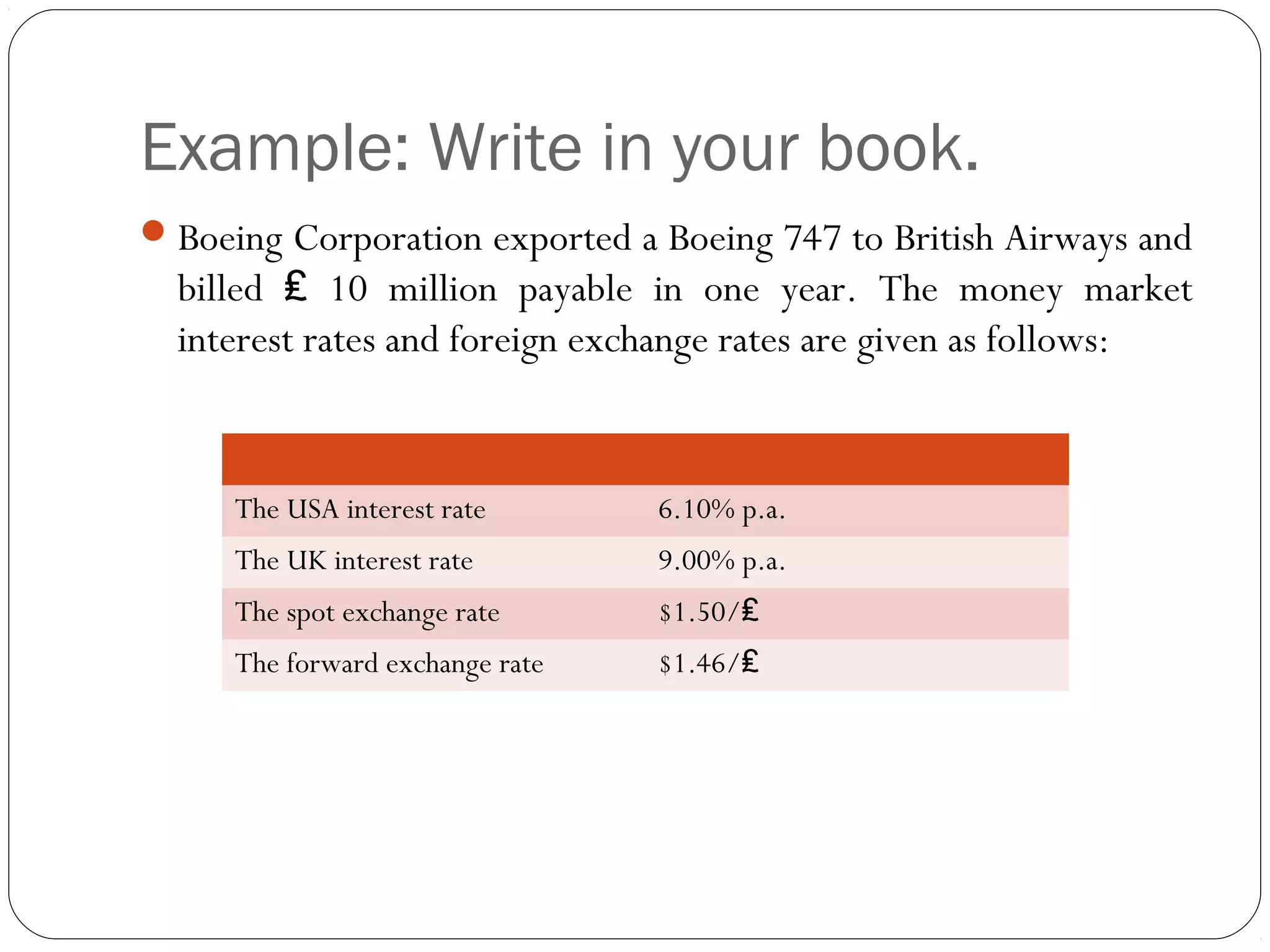Example: Write in your book.
Boeing Corporation exported a Boeing 747 to British Airways and
billed 10 million payable in one year. The money market₤
interest rates and foreign exchange rates are given as follows:
The USA interest rate 6.10% p.a.
The UK interest rate 9.00% p.a.
The spot exchange rate $1.50/₤
The forward exchange rate $1.46/₤
 