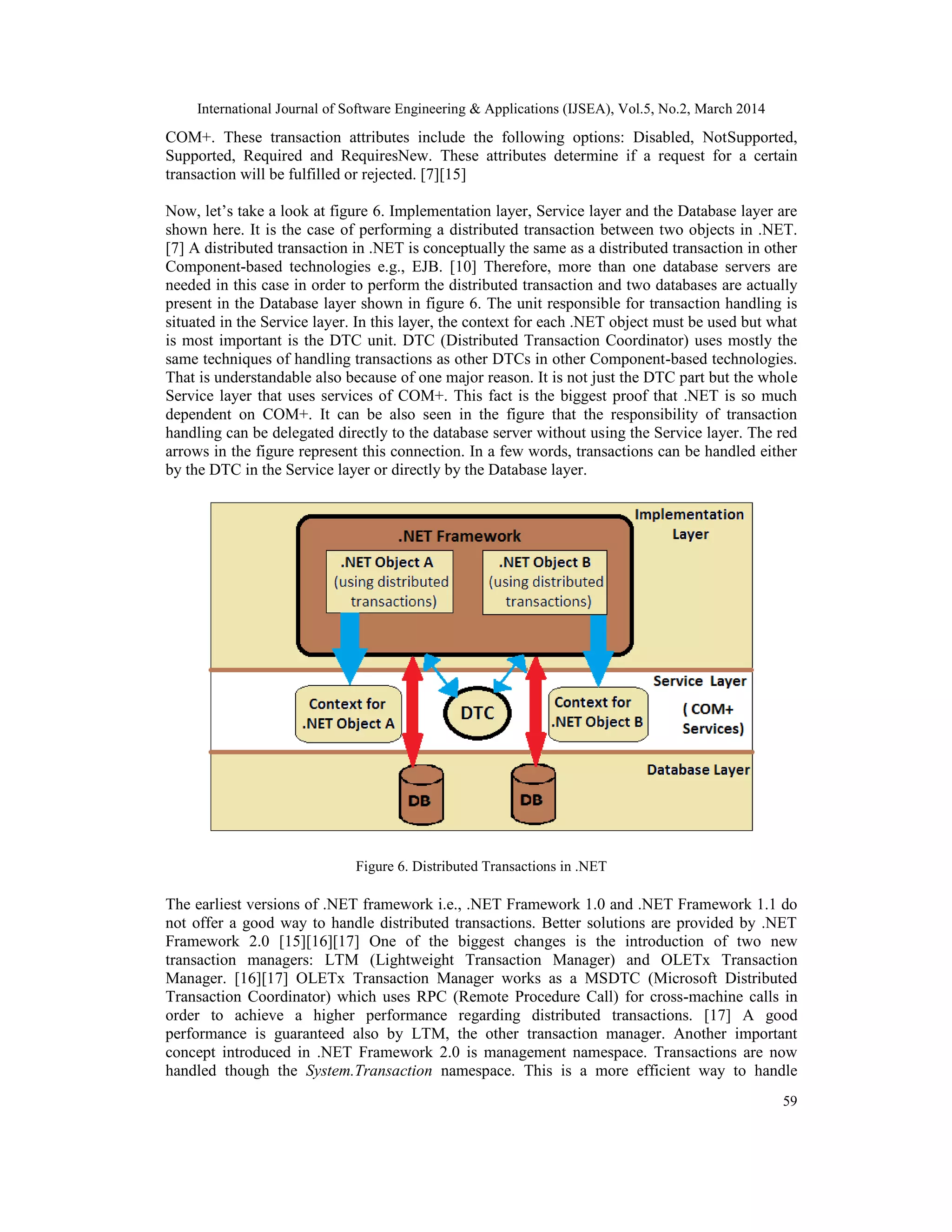 International Journal of Software Engineering & Applications (IJSEA), Vol.5, No.2, March 2014
59
COM+. These transaction attributes include the following options: Disabled, NotSupported,
Supported, Required and RequiresNew. These attributes determine if a request for a certain
transaction will be fulfilled or rejected. [7][15]
Now, let’s take a look at figure 6. Implementation layer, Service layer and the Database layer are
shown here. It is the case of performing a distributed transaction between two objects in .NET.
[7] A distributed transaction in .NET is conceptually the same as a distributed transaction in other
Component-based technologies e.g., EJB. [10] Therefore, more than one database servers are
needed in this case in order to perform the distributed transaction and two databases are actually
present in the Database layer shown in figure 6. The unit responsible for transaction handling is
situated in the Service layer. In this layer, the context for each .NET object must be used but what
is most important is the DTC unit. DTC (Distributed Transaction Coordinator) uses mostly the
same techniques of handling transactions as other DTCs in other Component-based technologies.
That is understandable also because of one major reason. It is not just the DTC part but the whole
Service layer that uses services of COM+. This fact is the biggest proof that .NET is so much
dependent on COM+. It can be also seen in the figure that the responsibility of transaction
handling can be delegated directly to the database server without using the Service layer. The red
arrows in the figure represent this connection. In a few words, transactions can be handled either
by the DTC in the Service layer or directly by the Database layer.
Figure 6. Distributed Transactions in .NET
The earliest versions of .NET framework i.e., .NET Framework 1.0 and .NET Framework 1.1 do
not offer a good way to handle distributed transactions. Better solutions are provided by .NET
Framework 2.0 [15][16][17] One of the biggest changes is the introduction of two new
transaction managers: LTM (Lightweight Transaction Manager) and OLETx Transaction
Manager. [16][17] OLETx Transaction Manager works as a MSDTC (Microsoft Distributed
Transaction Coordinator) which uses RPC (Remote Procedure Call) for cross-machine calls in
order to achieve a higher performance regarding distributed transactions. [17] A good
performance is guaranteed also by LTM, the other transaction manager. Another important
concept introduced in .NET Framework 2.0 is management namespace. Transactions are now
handled though the System.Transaction namespace. This is a more efficient way to handle
 