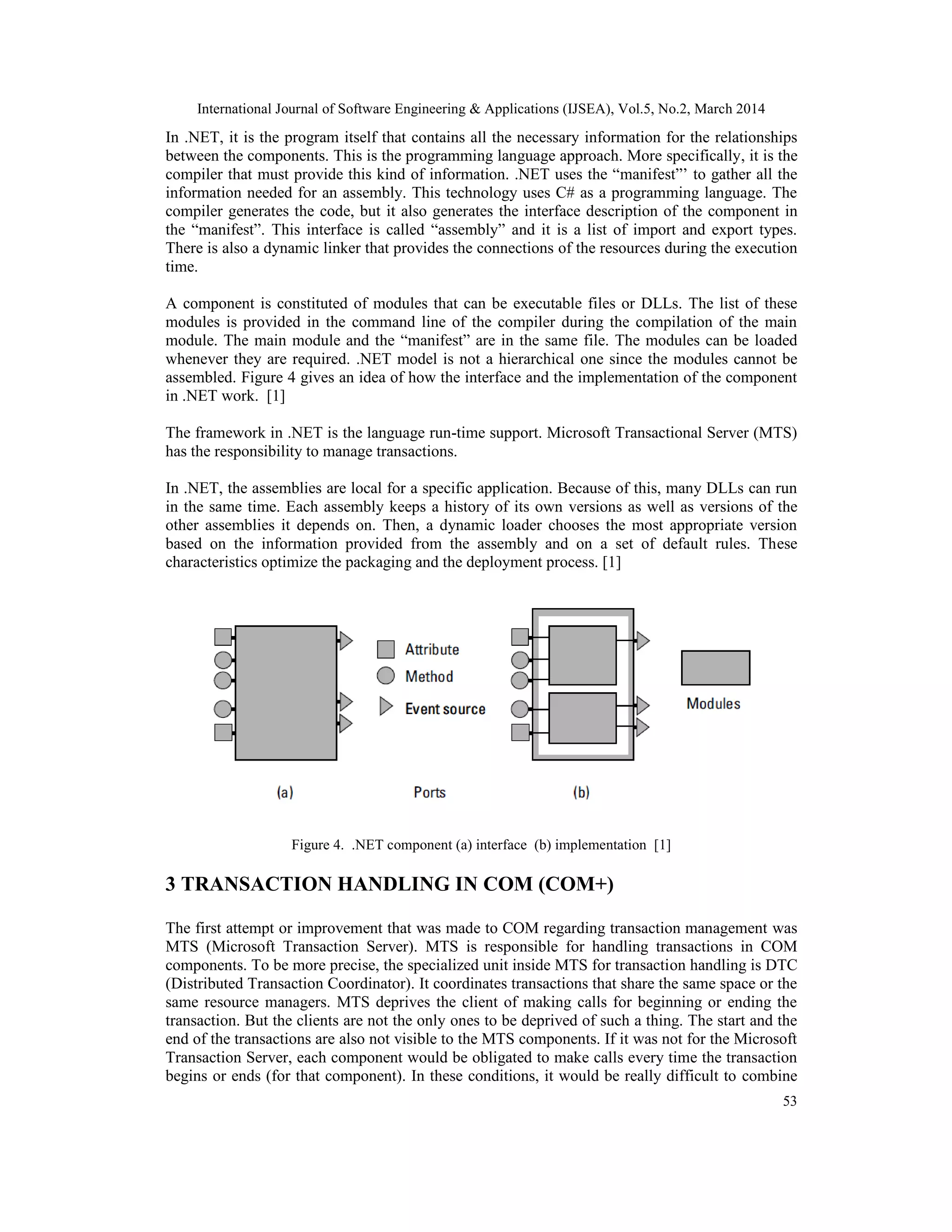 International Journal of Software Engineering & Applications (IJSEA), Vol.5, No.2, March 2014
53
In .NET, it is the program itself that contains all the necessary information for the relationships
between the components. This is the programming language approach. More specifically, it is the
compiler that must provide this kind of information. .NET uses the “manifest”’ to gather all the
information needed for an assembly. This technology uses C# as a programming language. The
compiler generates the code, but it also generates the interface description of the component in
the “manifest”. This interface is called “assembly” and it is a list of import and export types.
There is also a dynamic linker that provides the connections of the resources during the execution
time.
A component is constituted of modules that can be executable files or DLLs. The list of these
modules is provided in the command line of the compiler during the compilation of the main
module. The main module and the “manifest” are in the same file. The modules can be loaded
whenever they are required. .NET model is not a hierarchical one since the modules cannot be
assembled. Figure 4 gives an idea of how the interface and the implementation of the component
in .NET work. [1]
The framework in .NET is the language run-time support. Microsoft Transactional Server (MTS)
has the responsibility to manage transactions.
In .NET, the assemblies are local for a specific application. Because of this, many DLLs can run
in the same time. Each assembly keeps a history of its own versions as well as versions of the
other assemblies it depends on. Then, a dynamic loader chooses the most appropriate version
based on the information provided from the assembly and on a set of default rules. These
characteristics optimize the packaging and the deployment process. [1]
Figure 4. .NET component (a) interface (b) implementation [1]
3 TRANSACTION HANDLING IN COM (COM+)
The first attempt or improvement that was made to COM regarding transaction management was
MTS (Microsoft Transaction Server). MTS is responsible for handling transactions in COM
components. To be more precise, the specialized unit inside MTS for transaction handling is DTC
(Distributed Transaction Coordinator). It coordinates transactions that share the same space or the
same resource managers. MTS deprives the client of making calls for beginning or ending the
transaction. But the clients are not the only ones to be deprived of such a thing. The start and the
end of the transactions are also not visible to the MTS components. If it was not for the Microsoft
Transaction Server, each component would be obligated to make calls every time the transaction
begins or ends (for that component). In these conditions, it would be really difficult to combine
 
