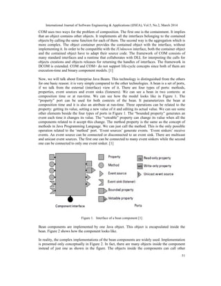 International Journal of Software Engineering & Applications (IJSEA), Vol.5, No.2, March 2014
51
COM uses two ways for the problem of composition. The first one is the containment. It implies
that an object contains other objects. It implements all the interfaces belonging to the contained
objects by calling the same function for each of them. The second way is the aggregation which is
more complex. The object container provides the contained object with the interface, without
implementing it. In order to be compatible with the IUnknown interface, both the container object
and the contained object have to adapt their source code. The framework of COM consists of
many standard interfaces and a runtime that collaborates with DLL for interpreting the calls for
objects creations and objects releases for returning the handles of interfaces. The framework in
DCOM is extended. COM and COM+ do not support life-cycle concepts since both of them are
execution-time and binary component models. [1]
Now, we will talk about Enterprise Java Beans. This technology is distinguished from the others
for one basic reason: it is very simple compared to the other technologies. A bean is a set of ports,
if we talk from the external (interface) view of it. There are four types of ports: methods,
properties, event sources and event sinks (listeners). We can see a bean in two contexts: at
composition time or at run-time. We can see how the model looks like in Figure 1. The
“property” port can be used for both contexts of the bean. It parameterizes the bean at
composition time and it is also an attribute at run-time. Three operations can be related to the
property: getting its value, setting a new value of it and editing its actual value. We can see some
other elements beside the four types of ports in Figure 1. The “bounded property” generates an
event each time it changes its value. The “vetoable” property can change its value when all the
components related to it accept this change. The method property is the same as the concept of
methods in Java Programming Language. We can just call the method. This is the only possible
operation related to the ‘method’ port. ‘Event sources’ generate events. ‘Event sinkers’ receive
events. An event source can be connected or disconnected to an event sink. There are multicast
and unicast event sources. The first one can be connected to many event sinkers while the second
one can be connected to only one event sinker. [1]
Figure 1. Interface of a bean component [1]
Bean components are implemented by one Java object. This object is encapsulated inside the
bean. Figure 2 shows how the component looks like.
In reality, the complex implementations of the bean components are widely used. Implementation
is presented only conceptually in Figure 2. In fact, there are many objects inside the component
instead of just one as shown in the figure. The objects inside the components can call other
 